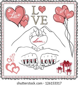Happy valentines day with heart hands, ribbon, love, balloon