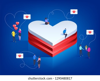 Happy valentines day. Heart in isometric style. Love is in the air. Small people messaging to each other. Vector illustration.