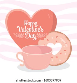 happy valentines day heart love sweet donut and coffee cup card vector illustration
