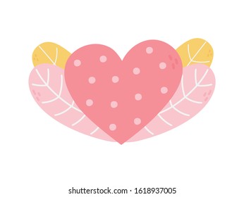 happy valentines day, heart love with dots and foliage decoration vector illustration