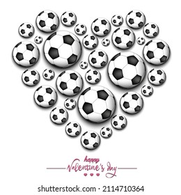 Happy Valentines Day. Heart made of soccer balls. Design pattern for greeting card, banner, poster, flyer, invitation party. Vector illustration on isolated background