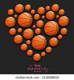 Happy Valentines Day. Heart made of basketball balls. Design pattern for greeting card, banner, poster, flyer, invitation party. Vector illustration on isolated background