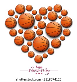 Happy Valentines Day. Heart made of basketball balls. Design pattern for greeting card, banner, poster, flyer, invitation party. Vector illustration on isolated background