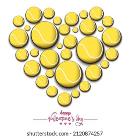 Happy Valentines Day. Heart made of tennis balls. Design pattern for greeting card, banner, poster, flyer, invitation party. Vector illustration on isolated background