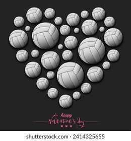 Happy Valentines Day. Heart made of volleyball balls. Design pattern for greeting card, banner, poster, flyer, invitation party. Vector illustration on isolated background