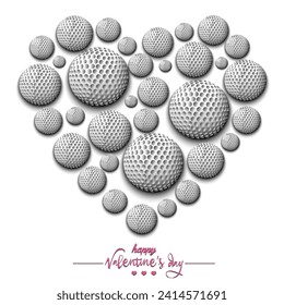 Happy Valentines Day. Heart made of golf balls. Design pattern for greeting card, banner, poster, flyer, invitation party. Vector illustration on isolated background