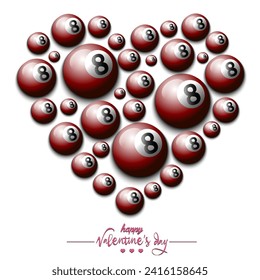 Happy Valentines Day. Heart made of  billiard balls. Design pattern for greeting card, banner, poster, flyer, invitation party. Vector illustration on isolated background