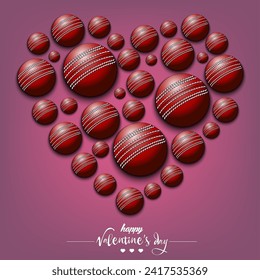 Happy Valentines Day. Heart made of cricket balls. Design pattern for greeting card, banner, poster, flyer, invitation party. Vector illustration on isolated background