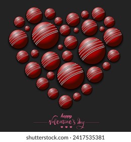 Happy Valentines Day. Heart made of cricket balls. Design pattern for greeting card, banner, poster, flyer, invitation party. Vector illustration on isolated background