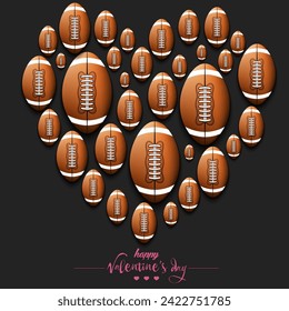 Happy Valentines Day. Heart made of football balls. Design pattern for greeting card, banner, poster, flyer, invitation party. Vector illustration on isolated background