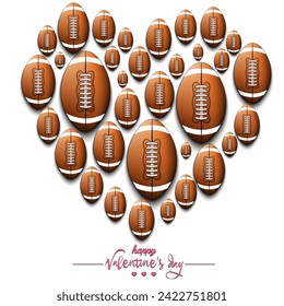 Happy Valentines Day. Heart made of football balls. Design pattern for greeting card, banner, poster, flyer, invitation party. Vector illustration on isolated background