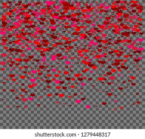 Happy Valentines Day heart  on transparent background.Poster with hearts of red confetti, sparkles, glitter and lettering  Wallpaper for Valentines Day. Vector illustration.