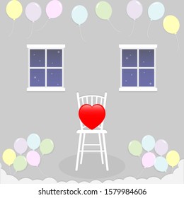 Happy Valentine's Day, Heart on chair, Ballooon background.