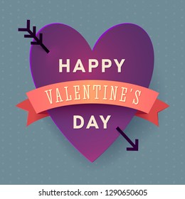 Happy Valentines Day Heart Poster with Ribbon and Arrows. Vector Illustration.