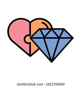 happy valentines day heart puzzle game and gem vector illustration design