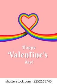 Happy Valentine's day! Heart, rainbow flag, LGBTQ love. Vector illustration, colorful design, pink background.