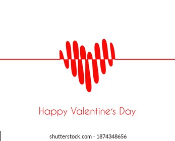 Happy Valentines day heart rate. Abstract red heart from lines stripe curving in center into shape romantic jump for greeting and first vector love.