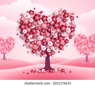 Happy Valentine's Day heart shape trees with flowers, pink landscape with clouds and hills. Vector illustration. Holiday design for greeting card, concept, gift voucher, invitation. Love growth