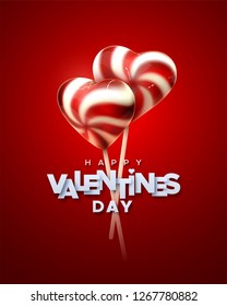 Happy Valentines Day. Heart shape lollipops with paper label. Vector 3d illustration of sweets. Sugar candies. Love concept. Valentines day decoration.