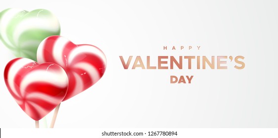 Happy Valentines Day. Heart shape colorful lollipops. Vector 3d illustration of sweets. Sugar candies. Love concept. Valentines day banner design.