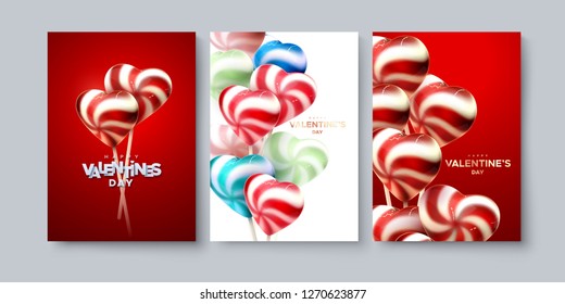 Happy Valentines Day. Heart shape colorful lollipops. Vector 3d illustration of realistic sweets. Sugar candies. Love concept. Valentines day banner design. Holiday cover template