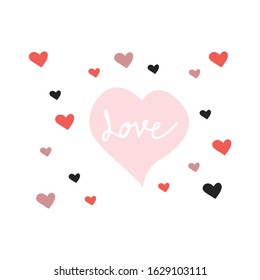  Happy Valentine's day heart shape of love hand-drawn text and doodle Calligraphy font on white background. Vector illustration, Pink, red and black