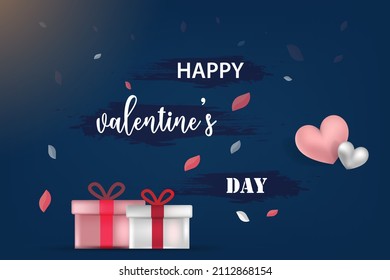 Happy valentines day, heart shape and gift box. poster banner template. abstract background in blue color