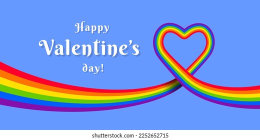 Happy Valentine's day! Heart shape made of rainbow flag as LGBTQ concept and gay, lesbian, bisexual, transgender, queer love symbol. Banner or greeting card design.