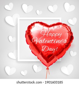 Happy Valentines Day. Heart shaped Red Metallic Foil Helium Balloon with Text, Frame and Paper Hearts. Realistic inflated balloon. Holiday gift. Festive decor. Entertainment industry. 3d vector