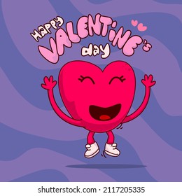 happy valentines day  heart shaped love face happy jump  hand drawn trendy traditional cartoon vector illustration