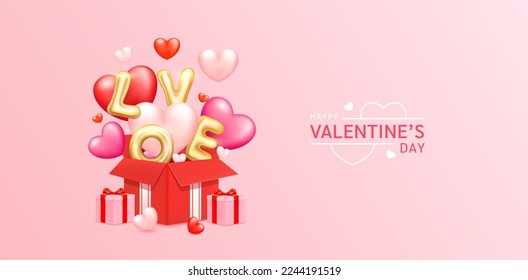 Happy Valentine's Day. Heart shaped balloons and golden letters sign love float out of the red gift box. Holiday wedding, birthday. Realistic design 3D. Vector illustration.