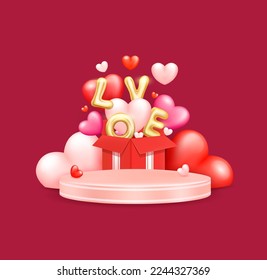 Happy Valentine's Day. Heart shaped balloons and golden letters sign love float out of the red gift box and podium product display pink on purple background. Realistic design 3D. Vector.