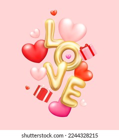 Happy Valentine's Day. Heart shaped balloons and glitter golden letters sign love floating in the air with red gift box. Holiday wedding, birthday. Realistic design 3D. Vector illustration.