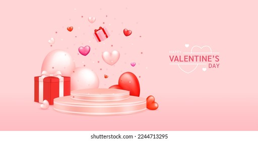 Feliz Día de San Valentín. Globos en forma de corazón y caja de regalo roja con el producto de podio mostrado rosado sobre fondo color crema. Diseño realista 3D. EPS10 vectores.