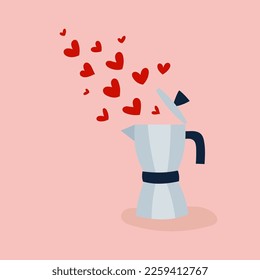 Happy Valentine's Day. Heart shapes coming out of a coffee maker. Hand drawn doodle. Vector illustration, flat design