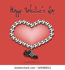 Happy Valentines Day. Heart from soccer balls and dangling on a lace football boots. Vector illustration