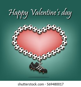 Happy Valentines Day. Heart from soccer balls and dangling on a lace football boots. Vector illustration