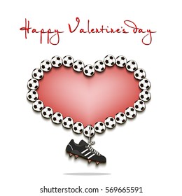 Happy Valentines Day. Heart from soccer balls and dangling on a lace football boots. Vector illustration