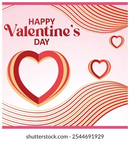 Happy Valentine's Day with a heart symbol. Greeting card with wavy line decoration. Valentine's Day 2025 concept. Flat vector illustration.