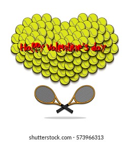 Happy Valentines Day. Heart from tennis balls and tennis rackets. Vector illustration