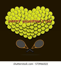 Happy Valentines Day. Heart from tennis balls and tennis rackets. Vector illustration