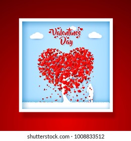 Happy Valentines day heart tree love cover, on a blue background with. Vector illustration.