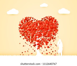 Happy Valentines day heart tree love cover, on a blue background with. Vector illustration.