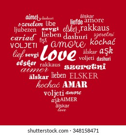 Happy Valentine's Day heart vector with calligraphic words Love in different languages for all the world