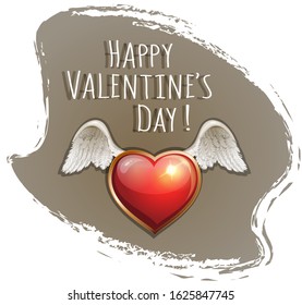 Happy Valentine's Day with heart with wings. In cartoon style. Clipart Isolated on white. For Valentine card and poster. Vector illustration