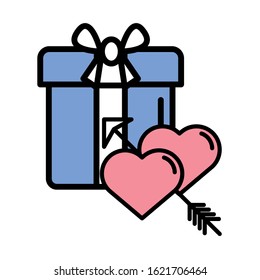 happy valentines day hearts with arrow and gift vector illustration design