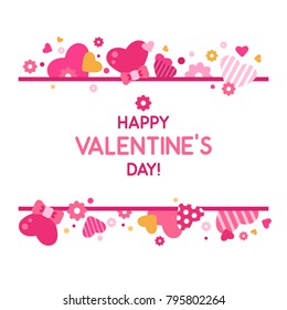 Happy Valentine's day hearts card. Vector frame of colorful cute hearts and flowers. Vector flat style illustration