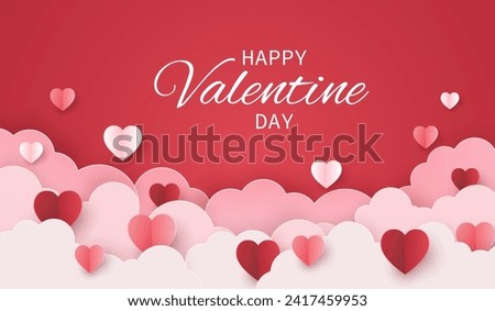 happy valentines day with hearts and clouds paper craft on pink background. love for happy  valentine's day greeting card. copy space for text.