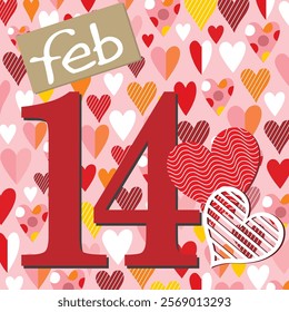 Happy Valentine's day with hearts and Feb 14