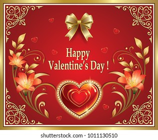 Happy Valentines day with hearts and flowers on  red background. Vector illustration